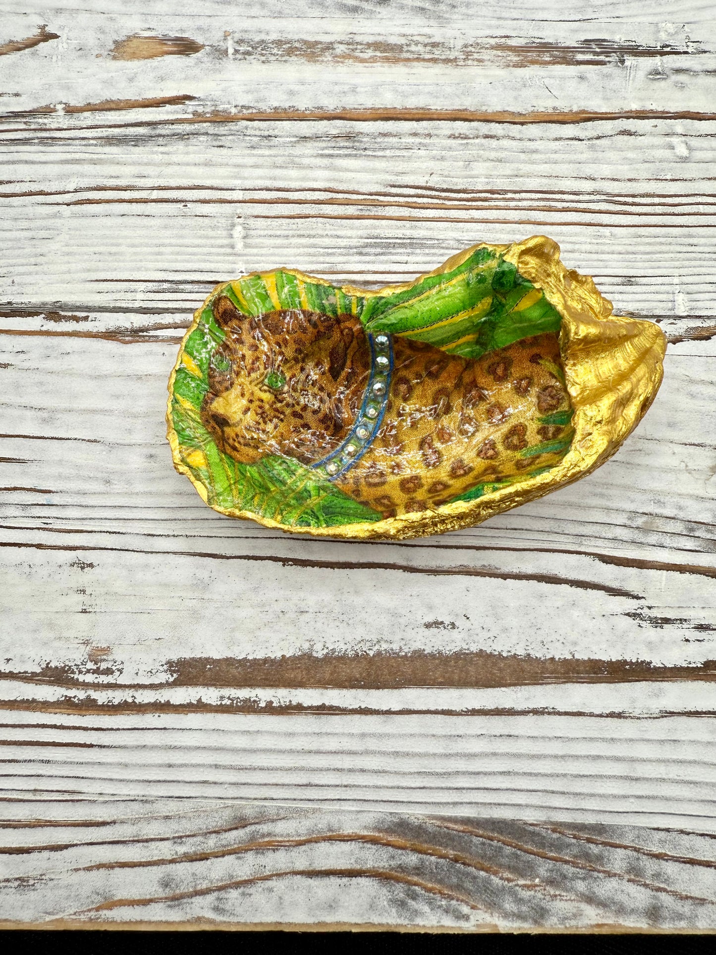 Bling Leopard with Crystals Oyster Shell Ring Dish