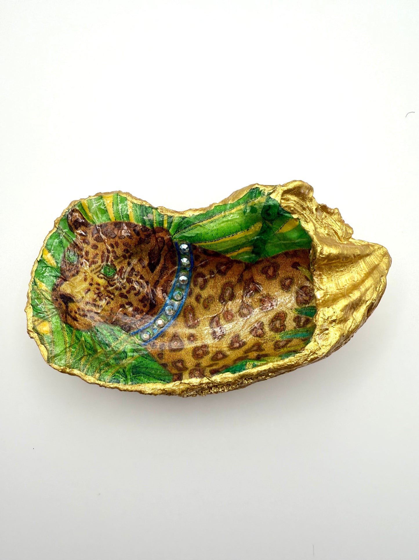 Bling Leopard with Crystals Oyster Shell Ring Dish