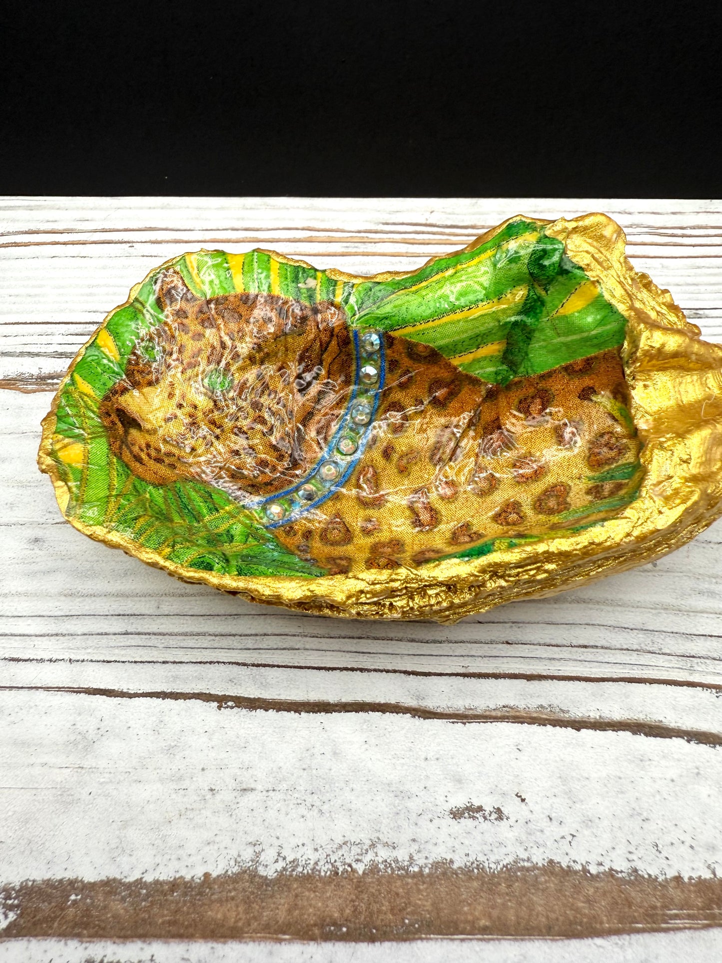 Bling Leopard with Crystals Oyster Shell Ring Dish