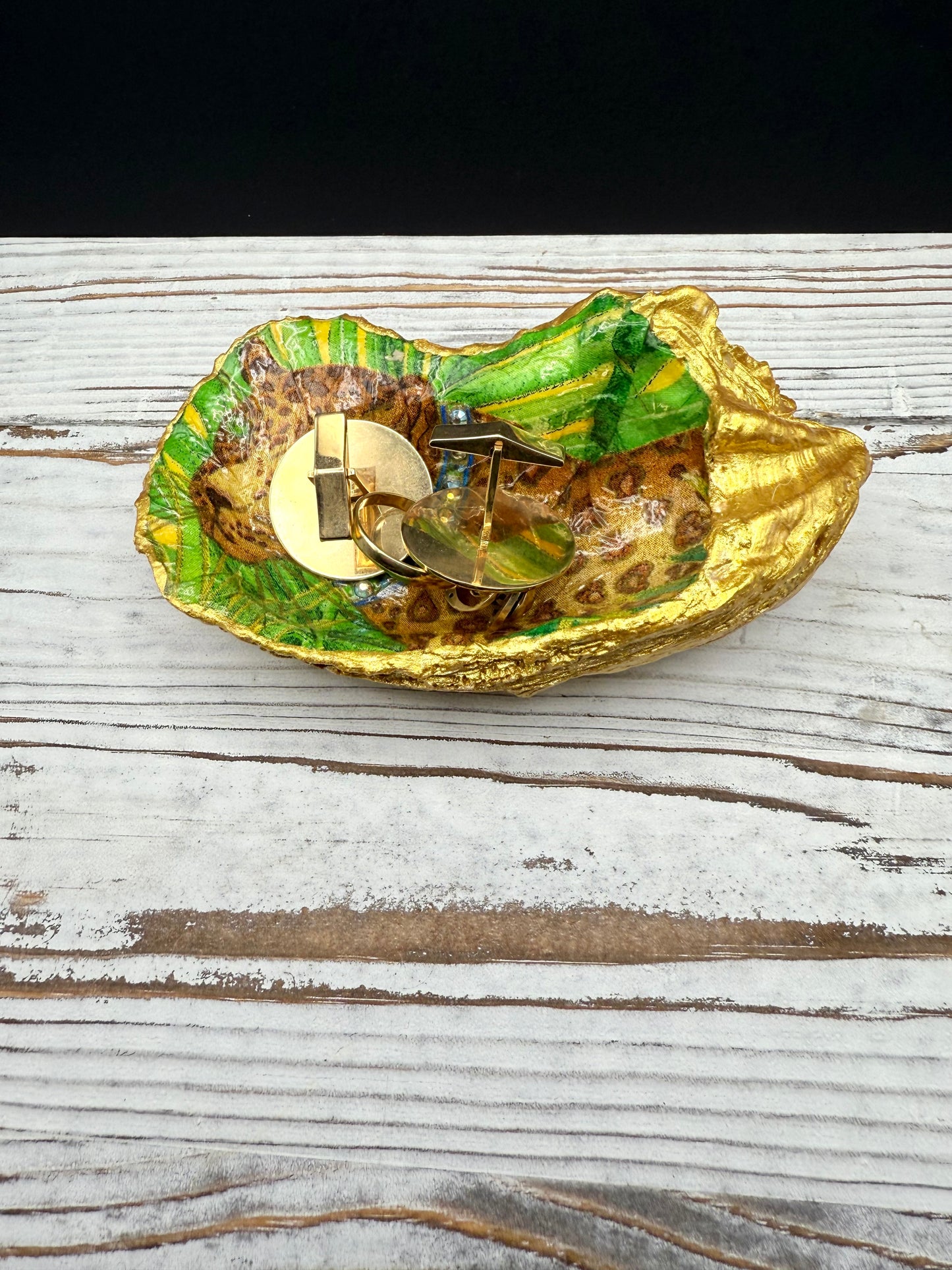 Bling Leopard with Crystals Oyster Shell Ring Dish