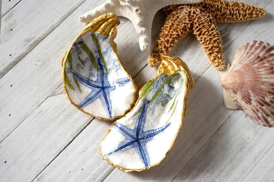 Blue Starfish on an Oyster Shell trinket Dish