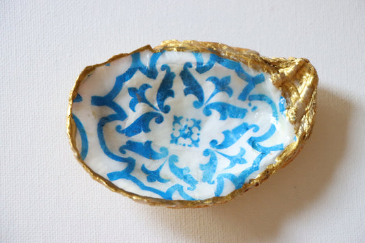 Blue & White Oyster Shell Jewelry Ring Dish